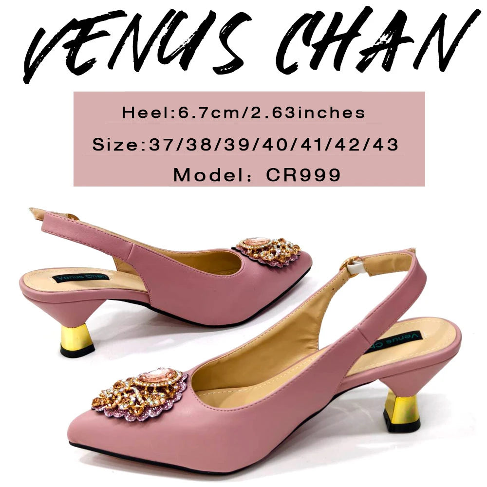 2024 Nigerian Women's Pink High Heel Frosted Crystal Shiny Rhinestone Party Italian Design Pointed Shoes And Bag Set