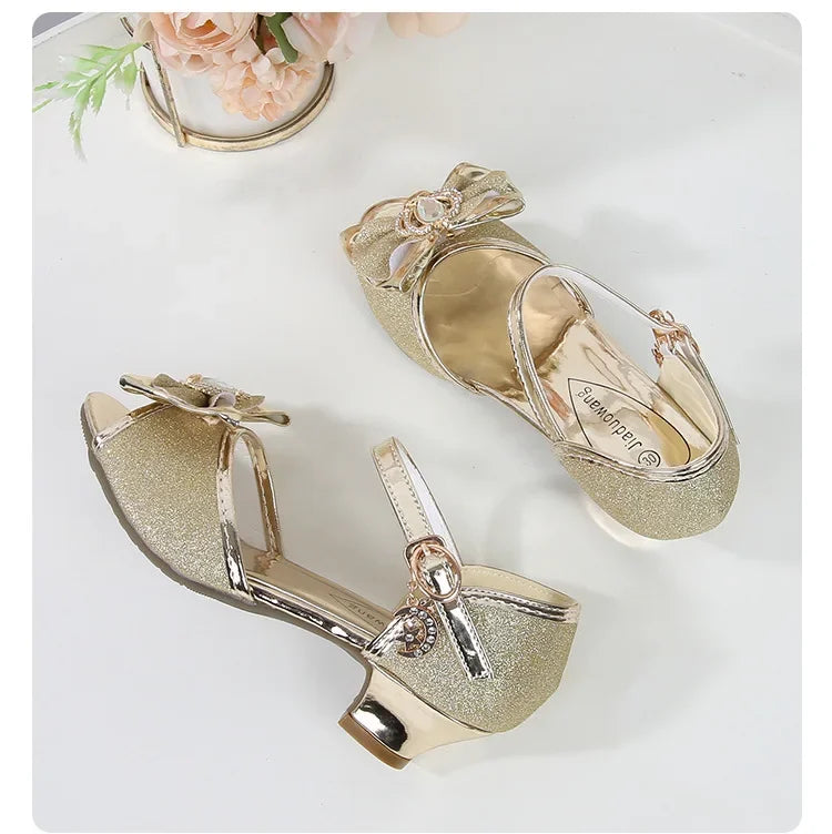 New Girl's High Heel Shoes for Kids Party Wedding Fashion Princess Causal Dress Shoes Sequins Versatile Children's Crown Sandals