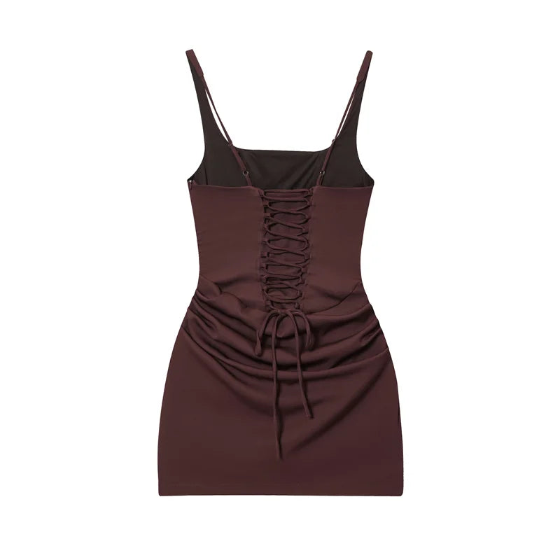 Women's Dress 2025 Autumn New Arrivals Reddish-Brown Spaghetti Strap Sexy Bodycon Mini Dress with Tie Details Stylish and Unique