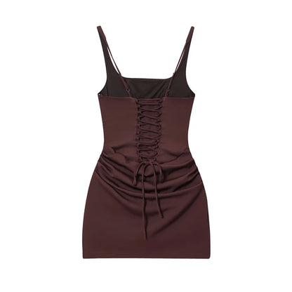 Women's Dress 2025 Autumn New Arrivals Reddish-Brown Spaghetti Strap Sexy Bodycon Mini Dress with Tie Details Stylish and Unique