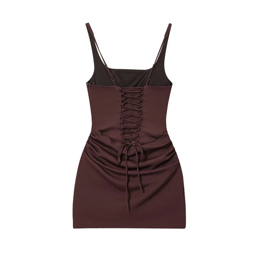 Women's Dress 2025 Autumn New Arrivals Reddish-Brown Spaghetti Strap Sexy Bodycon Mini Dress with Tie Details Stylish and Unique