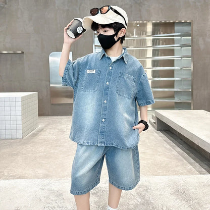 High Fashion Kids Summer Suit for Boy with Denim Shorts Two Pieces Tracksuit Children Casual Top and Bottom Clothing Set 5-14 Y