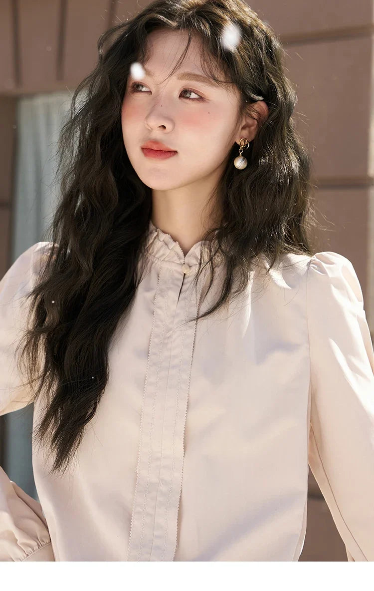French Autumn Winter Button Up Lantern Long Sleeve Shirts Women Ruffle Neck Thick Warm Blouse Flannel Shirt MXC56X1320