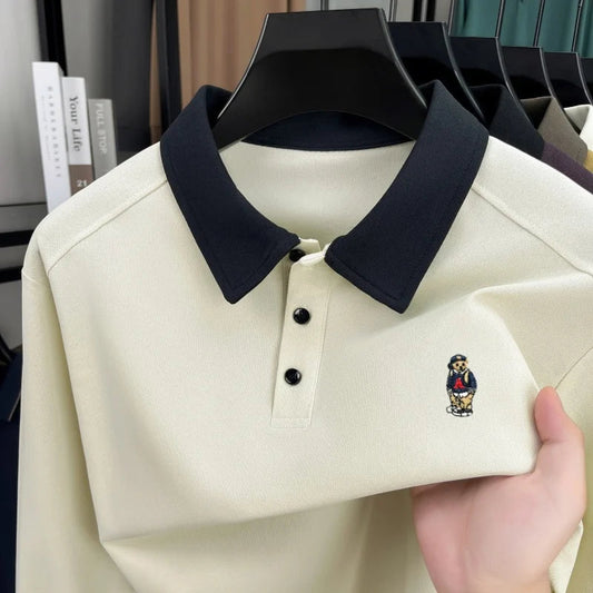 Premium luxury men's long sleeve polo shirt brand cartoon bear embroidery Korean style fashion comfort autumn new lapel T-shirt