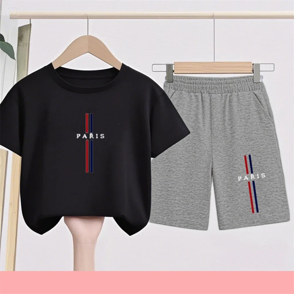 Summer Short Sleeve Children Age 3-12 Girls Boy Set White Black Tshirt+Shorts 2pcs Leisure Kids PARIS Brand Print Set