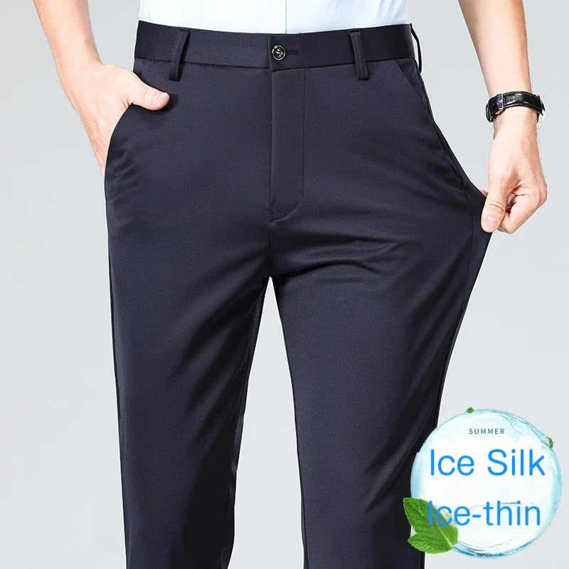 Men's Summer Dresses Long Pants Slim Fit Business Pants Lightweight Ice Silk Office Pants, Wrinkle Resistant and Elastic
