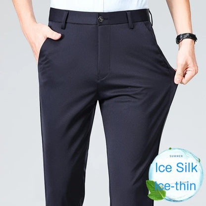 Men's Summer Dresses Long Pants Slim Fit Business Pants Lightweight Ice Silk Office Pants, Wrinkle Resistant and Elastic