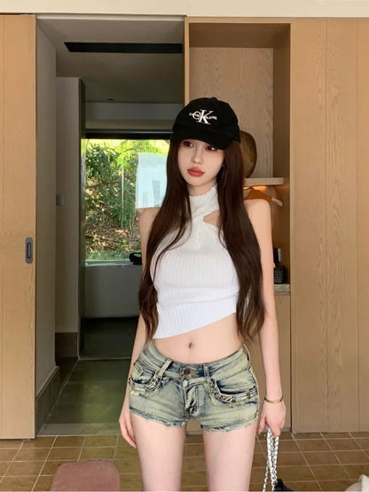 American Retro Low Waist Denim Shorts Women Summer Y2K Slim Fit High Street Hot Pants Y2K Girl Elastic Wrapped Cowboy Jeans