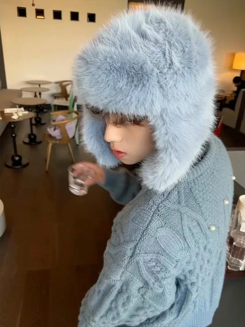 Fluffy Imitation Mink Fur Bomber Hats Men's Autumn and Winter Korean Version Plush Pilot Hat Female Ins Blogger Cycling Cold Hat