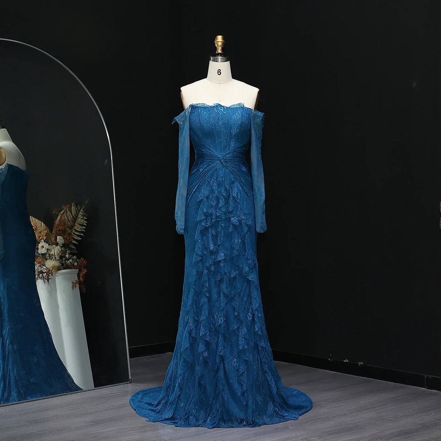 Said Luxury Blue Lace Evening Dress Saudi Arabia Elegant Off Shoulder Wedding Guest Gowns Formal Party Dress SF519 Custom