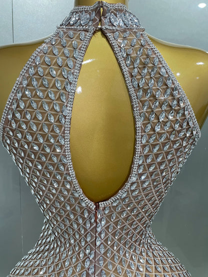 2025 Luxurious Full Rhinestones Mesh Transparent Long Dress Women Birthday Celebrate Evening Prom Dress Party Club Stage Costume