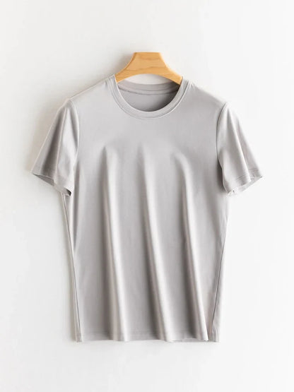 Women Solid T shirts, Silk Cotton Blend, O Neck, Short Sleeved Solid Tee,2025 Summer Candy Colors Basic Cozy Top Green