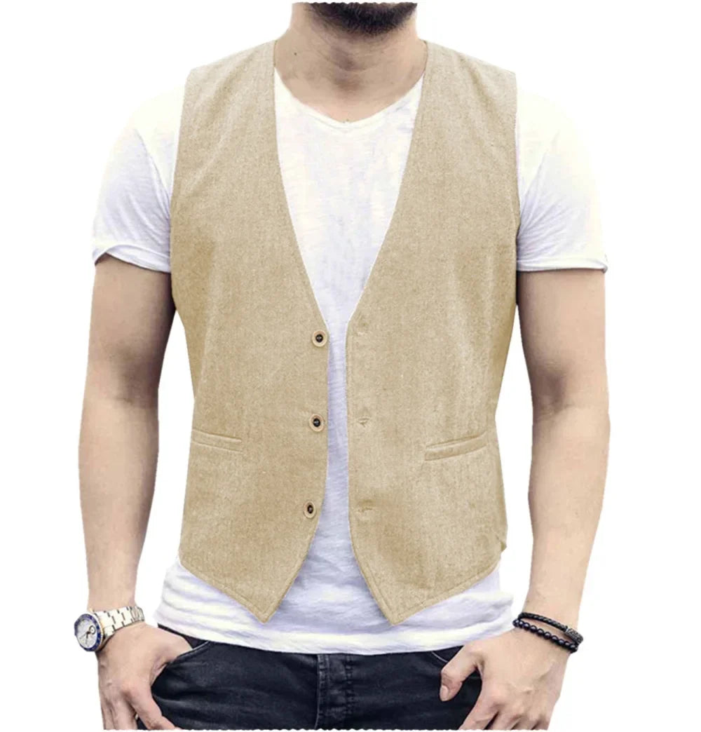 V Neck Men's Linen Vest Single Breasted Vintage Real Pocket Men's Summer Linen Waistcoat For Wedding