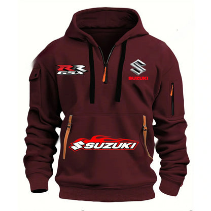 Suzuki brand men's street sports motorcycle hoodie with printed design autumn and winter semi-zipper multi-pocket sweatshirt