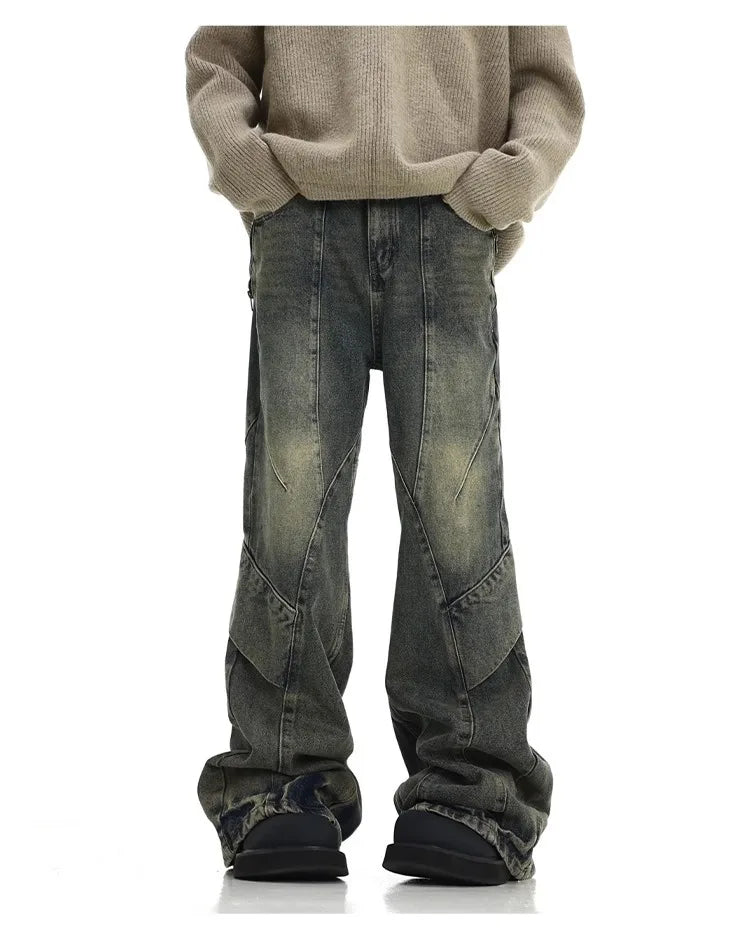 Men Jeans Denim Flare Pants Floor Length Pant Splice High Waist Irregularity Loose Casual Straight Trousers Autumn Winter 2025