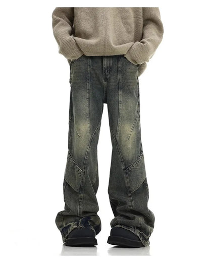 Men Jeans Denim Flare Pants Floor Length Pant Splice High Waist Irregularity Loose Casual Straight Trousers Autumn Winter 2025