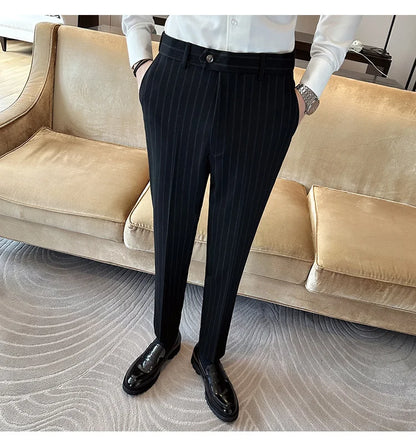 High Quality Striped Suit Pants 2025 Autumn New Fashion Slim Fit Business Elastic waisted Pants Male Wedding Party Trousers