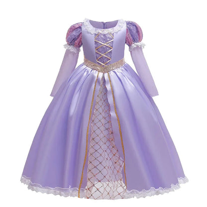 Girl Elegant Dress Kids Rapunzel Costume Children Halloween Birthday Sequin Tangled Dress Girl Carnival Lace Princess Party Gown