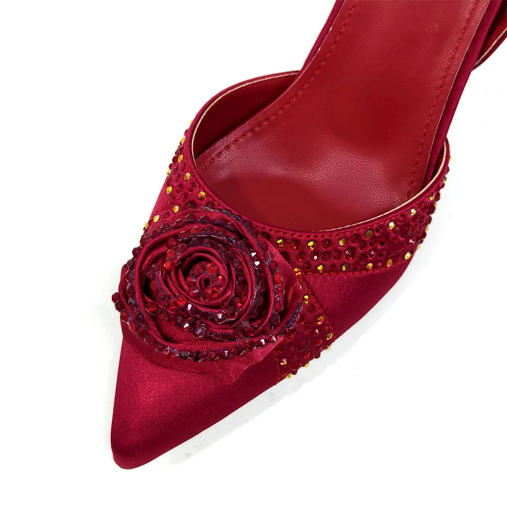 Sparkling Rhinestone Rose Pumps With Medium Heel for Nigerian Women's Party, Pointed Toe Shoes and Matching Bags
