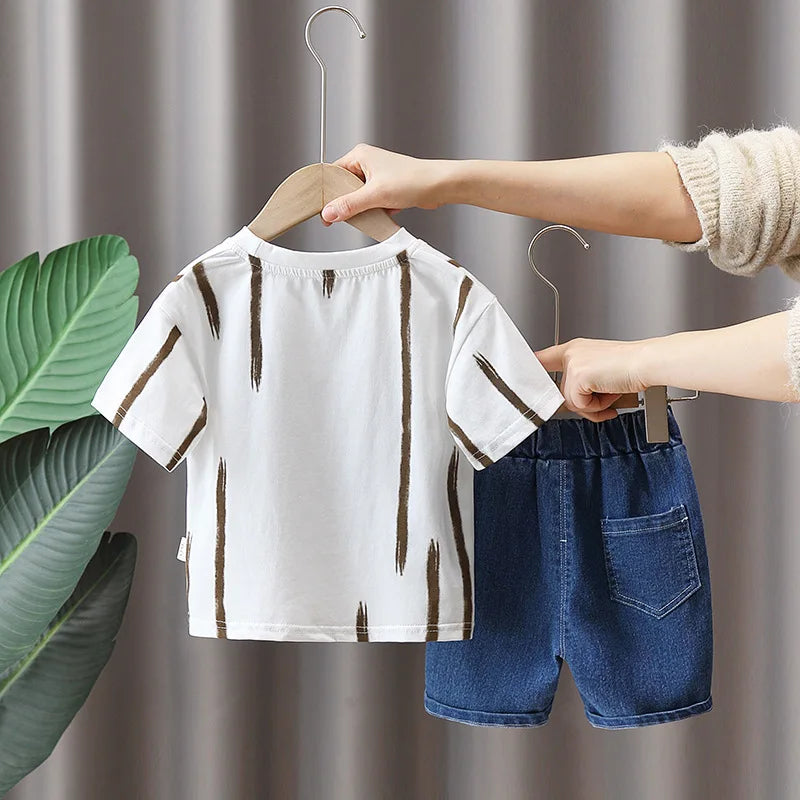 Hot Sale Baby Boys Clothes Children Cotton Printe Causal T Shirts Denim Shorts 2Pcs/set Infant Kids Toddler Tracksuits 0-5 Years