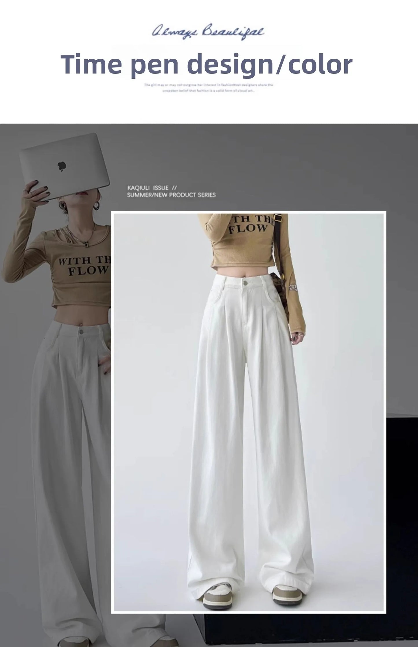White Thin Pleated High Waist Non-Light Wide Leg Jeans Women's American High-End Loose Straight Lazy Floor-Length Pants