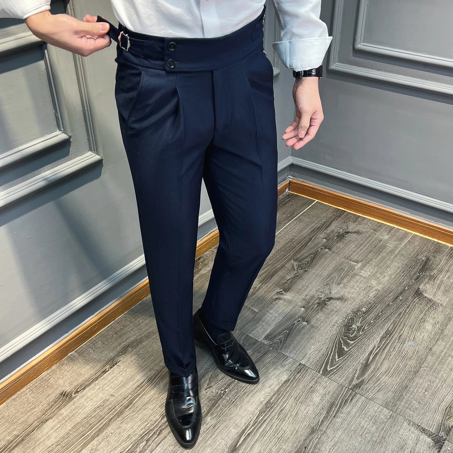 Italian Style Naples High Waisted Straight Pants Men High Quality Solid Color Business Casual Formal Office Social Suit Pants