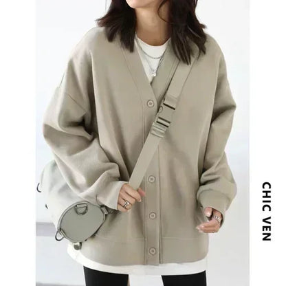 Korean Autumn Winter Women's Sports Coat Casual Loose V-neck Sweatshirt for Women Thick Warm Tops Office Lady Female