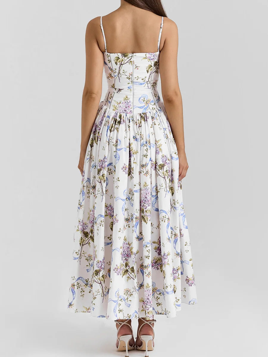Summer Floral Print Dress Elegant 2025 New Arrivals Spaghetti Strap Flare Dress Maxi Holiday Party Dresses Women