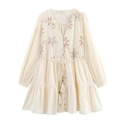 Flower Embroidered Mini Dress Women Tassel Pleated Short Dresses for Woman Summer Beach Women's Dress Boho Dress Woman
