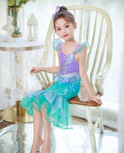 Halloween Costume Mermaid Dress Girl Ruffles Shell Fishtail Frocks Ariel Fantasy Luxury Princess Gown Children Fancy Fairy Dress