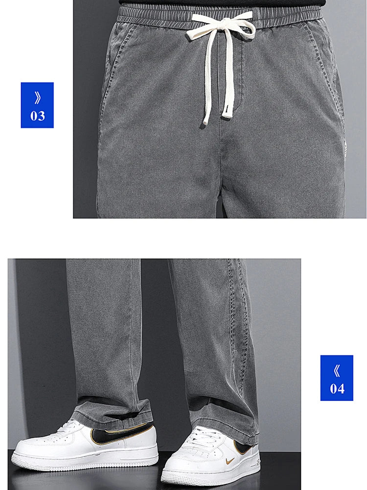 Summer Soft Lyocell Fabric Men's Jeans Thin Loose Straight Pants Drawstring Elastic Waist Korea Casual Trousers Plus Size M-5XL