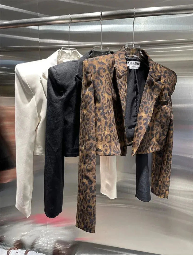 Women Jacket Korean Female Clothes Sexy Fashion Short Suit Coat Long Sleeve Blazer Tunic Leopard Print Cropped Tops Ropa Mujer