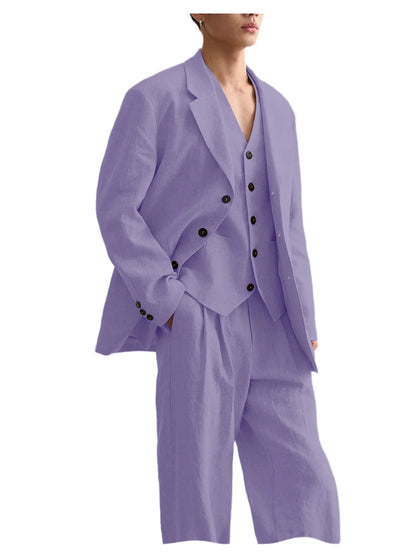 Men's Linen Suit Classic Notch Lapel 3 piece(Blazer+Vest+Pants)Breathable Wide Leg Trousers for Groom Spring Summer Party