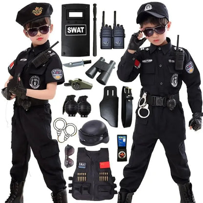 SWAT Children Halloween Policeman Cosplay Costumes Kids Carnival Police Uniform 110-160cm Boys Army Policemen Soldier 7 Pcs/Sets