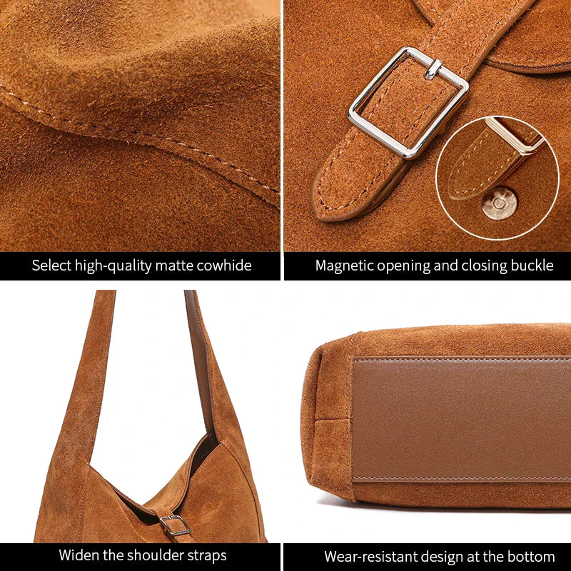 New Winter Women's Natural Suede Leather Bags Female Soft Cowhide Durable Crossbody Shoulder Bag Ladies Fashion Commute Handbags