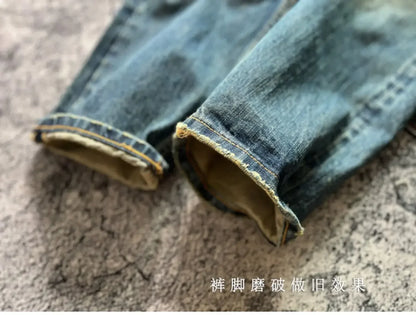 Heavyweight Heavy Washed Denim Jeans for Men Autumn Winter Vintage Selvedge Soft Loose Straight Pants 100% Cotton Y2k Youth Male
