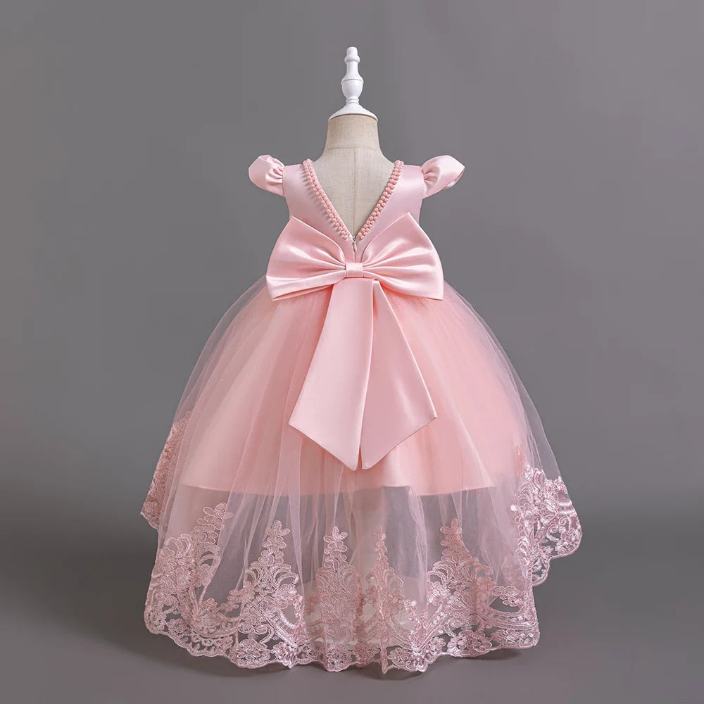 Girls Flower Embroidery Party Dresses Kids Summer Formal Holiday Birthday Gown Kids Trailing Evening Princess Clothes 1-6