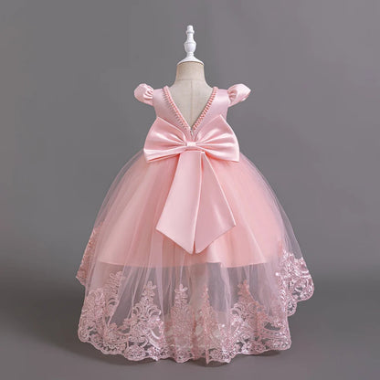 Girls Flower Embroidery Party Dresses Kids Summer Formal Holiday Birthday Gown Kids Trailing Evening Princess Clothes 1-6