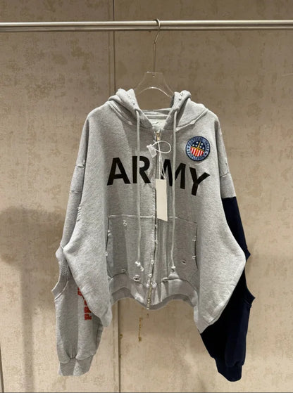 2026 Patchwork ARMY Vintage Damaged Cardigan Pullover Men Women Best Quality Hoodie