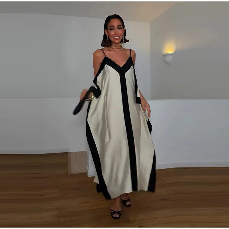 Contrast Black Trim Satin Maxi Dress Deep V Neck Loose Flowy Ruffle Hem Lady Long Gown 2026 Summer Formal Chic Vacation Dresses