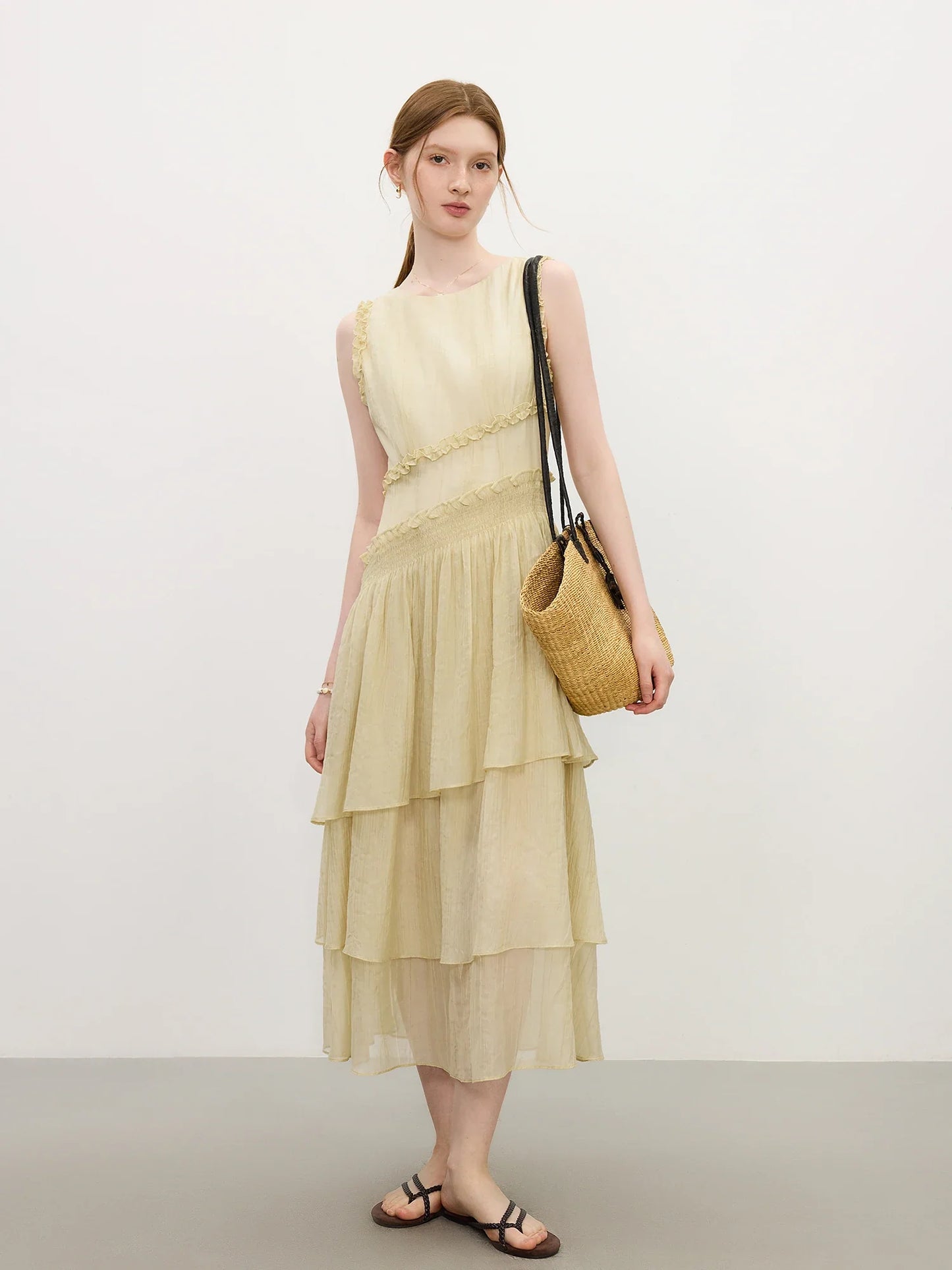 Summer 2025 Textured Pleat Dress - Fluid Asymmetric Hem Sleeveless Resort to Office Elegant Silhouette