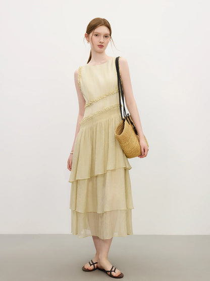 Summer 2025 Textured Pleat Dress - Fluid Asymmetric Hem Sleeveless Resort to Office Elegant Silhouette