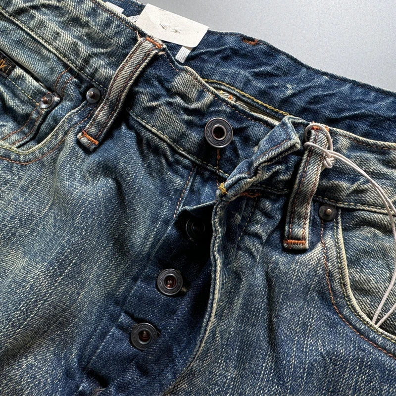 13.5oz Men's Japanese Indigo Blue Selvedge Straight Leg Denim Jeans for Men Artisan Vintage Spring Washed with Raw Hem Detailing