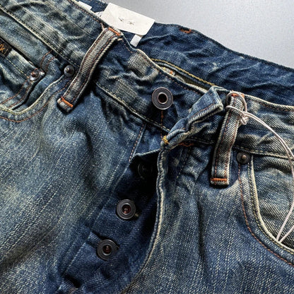 13.5oz Men's Japanese Indigo Blue Selvedge Straight Leg Denim Jeans for Men Artisan Vintage Spring Washed with Raw Hem Detailing