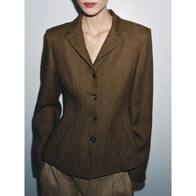 Brown Linen Blend Fitted Blazer Contrast Stand Collar Single Row Buttons Waist Cinched Tailored Cropped Vintage Commuter Coat