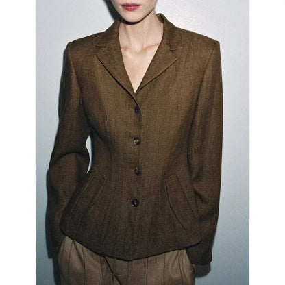 Brown Linen Blend Fitted Blazer Contrast Stand Collar Single Row Buttons Waist Cinched Tailored Cropped Vintage Commuter Coat