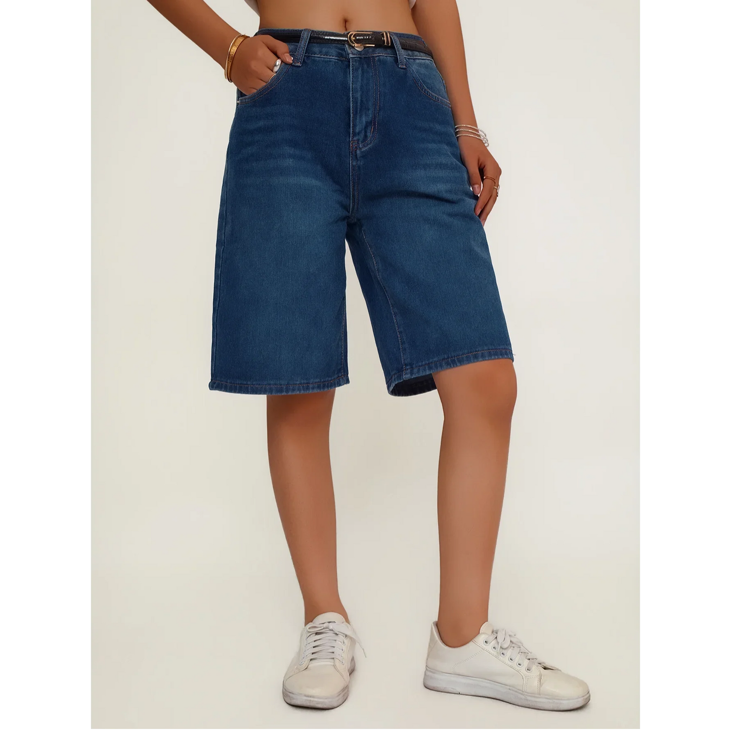 Women's Loose Fit Casual Denim Shorts Deep Blue American Style Spring Summer Suitable All-Match Ladies Jeans Shorts