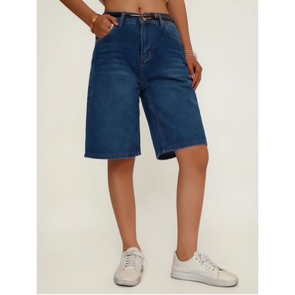 Women's Loose Fit Casual Denim Shorts Deep Blue American Style Spring Summer Suitable All-Match Ladies Jeans Shorts