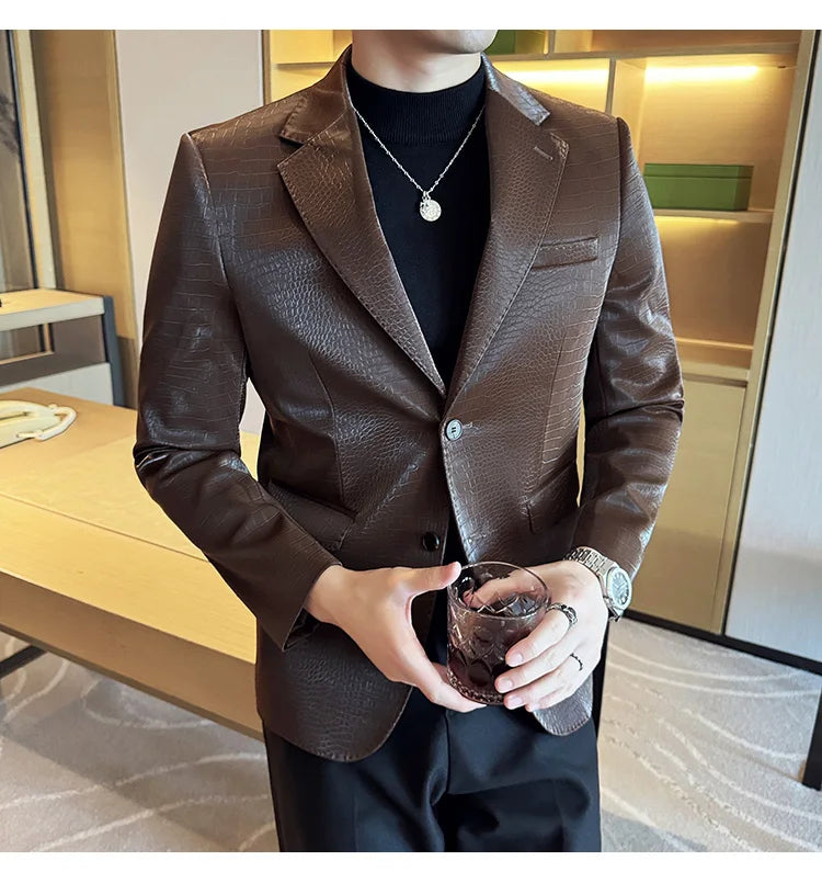 New High Quality Crocodile Stripe Slim Fit Leather Jacket Classic Business Casual Slim Fit Men Blazer Tuxedos Men Clothing 4XL-M