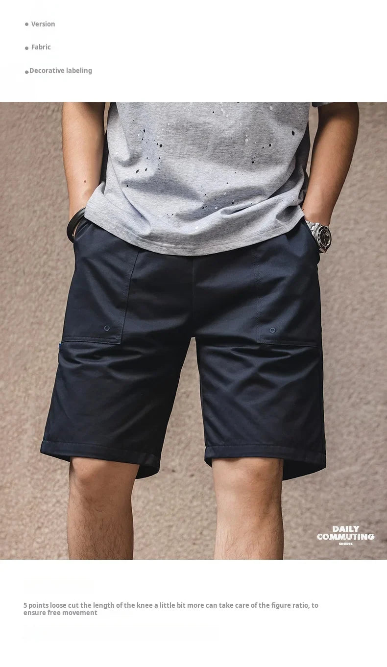 Vintage Khaki Canvas Shorts Men's Summer Slim Fit Straight Leg Pants Cotton Shorts with Elastic Waist Pocket Casual Bottom